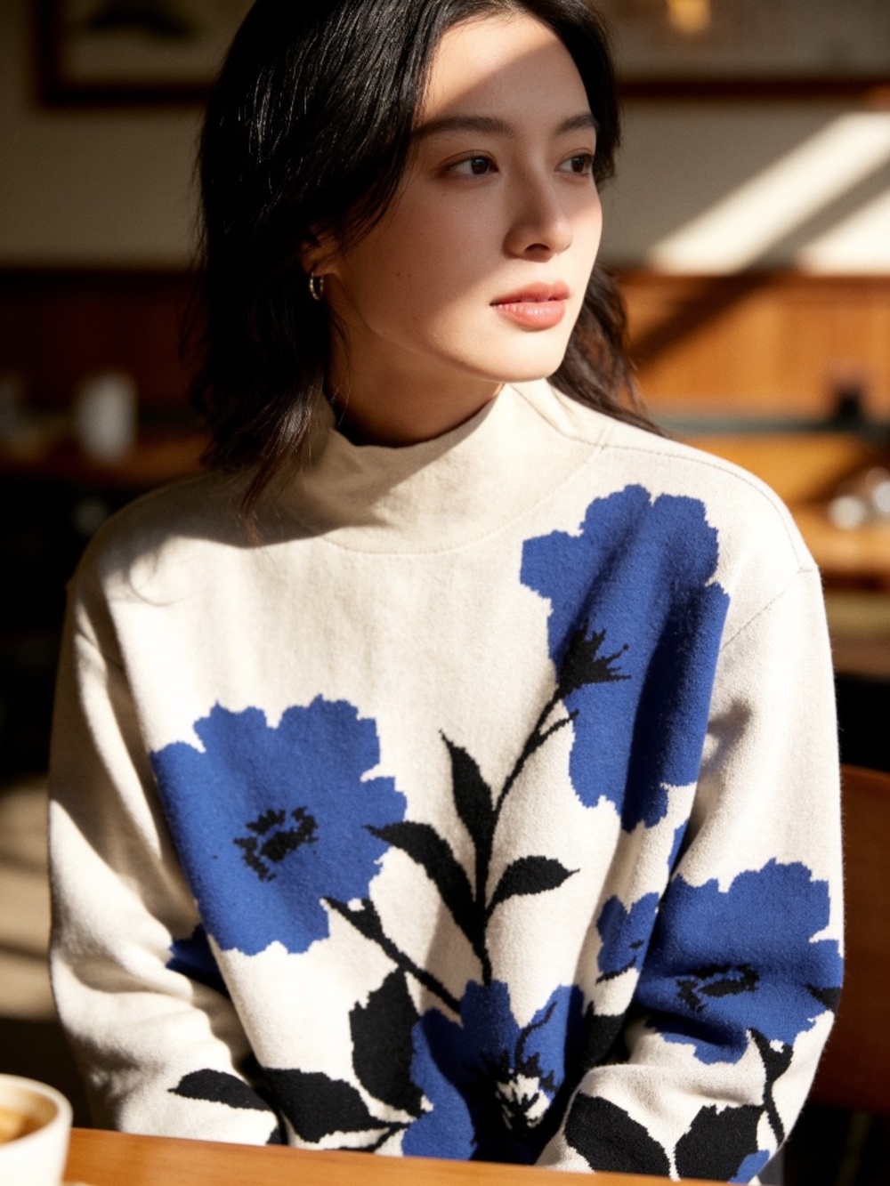 Maeve Anthropologie Blue & Black Floral Mock Neck Sweater Size XS